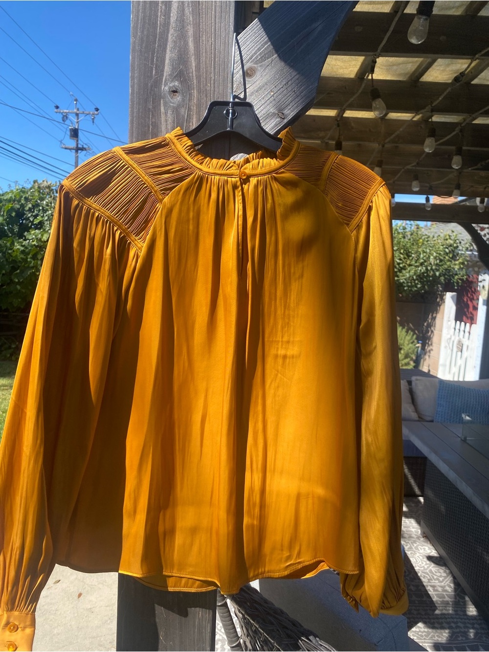 Rachel Zoe Antique Gold Pleated Yoke Long-Sleeve Blouse NWOT SZ XS